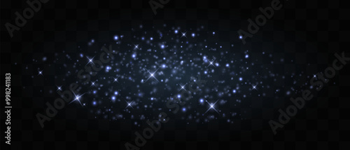 Blue, white glowing particles and sparkling stars isolated on dark background. Bright starbursts with glittering effects. Graphical patch of reflected light. Abstract magic dust. Vector illustration.
