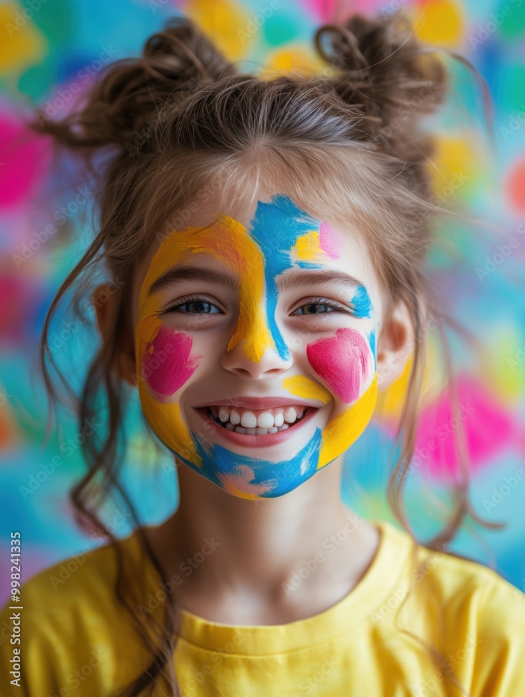 Cheerful girl with bright face paint smiling in a colorful background Cheerful girl with bright face paint smiling in a colorful background