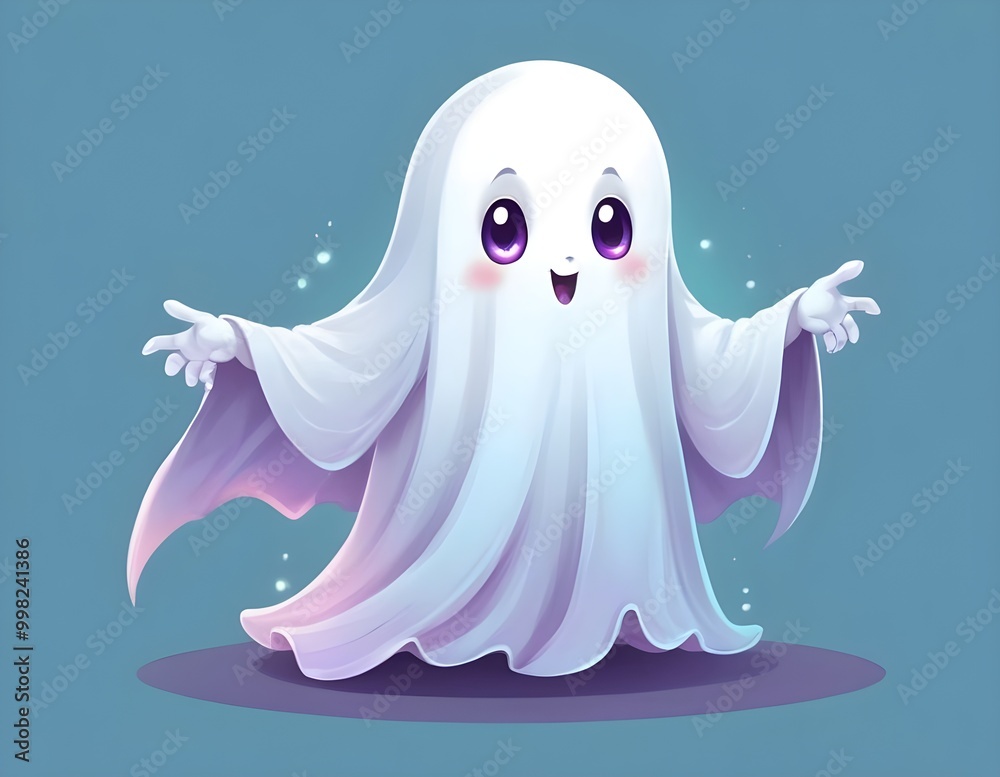 Cute animated shy ghost character with glowing eyes and gentle smile. Halloween