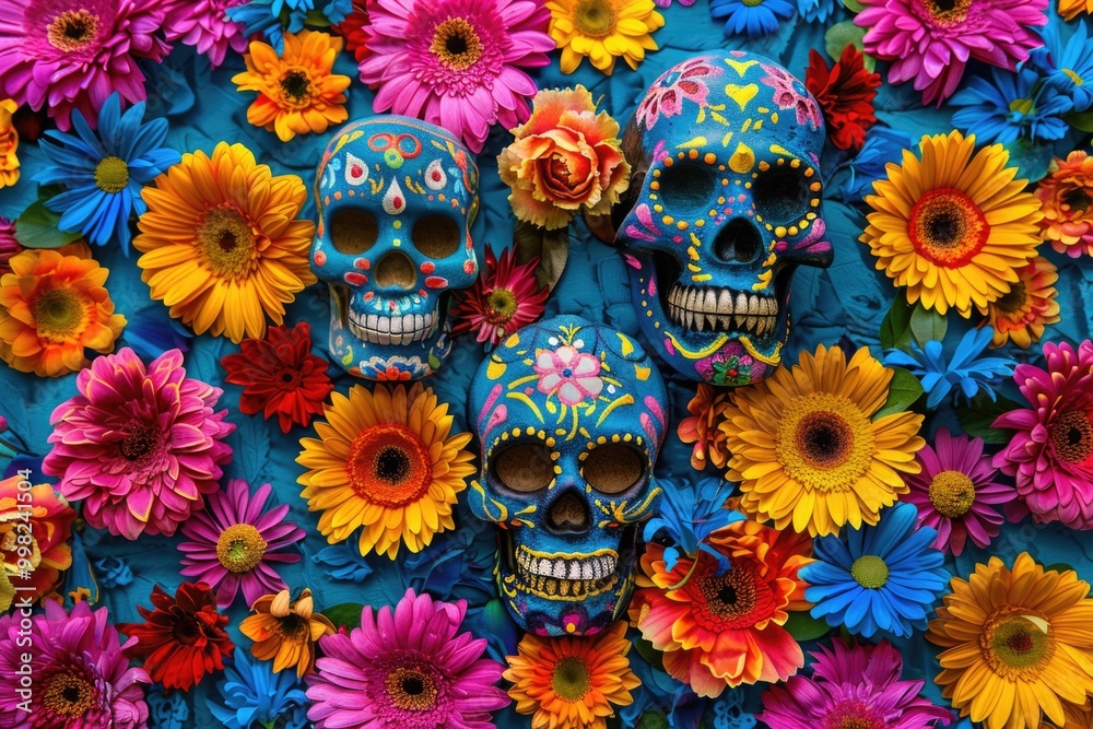 A group of vibrant skulls surrounded by lush flowers, perfect for Halloween or Day of the Dead celebrations A group of vibrant skulls surrounded by lush flowers, perfect for Halloween or Day of the Dead celebrations