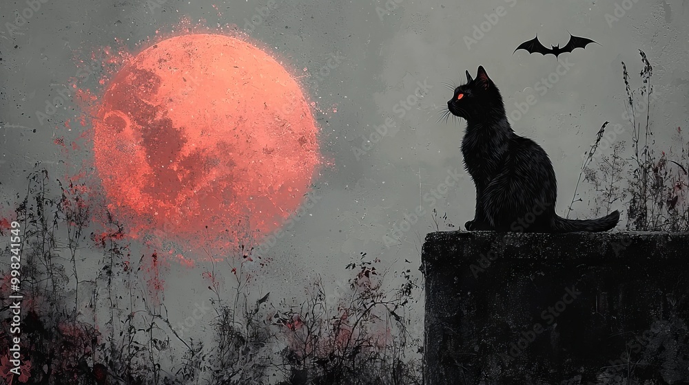 A spooky scene featuring flying bats, a black cat with glowing eyes ...