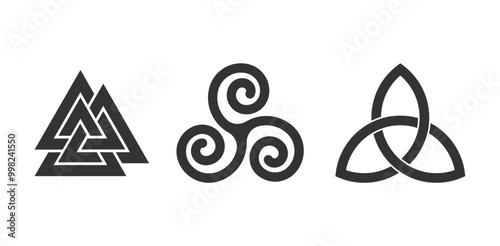 Pagan symbol set. Valknut, triquetra and celtic infinity sign. Nordic culture logo. Vector illustration image.