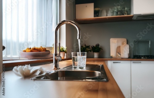 A kitchen sink with a faucet pouring water into two glasses, close up.