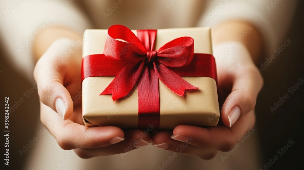 Close-up of hands presenting a beautifully wrapped gift with a red ribbon Close-up of hands presenting a beautifully wrapped gift with a red ribbon