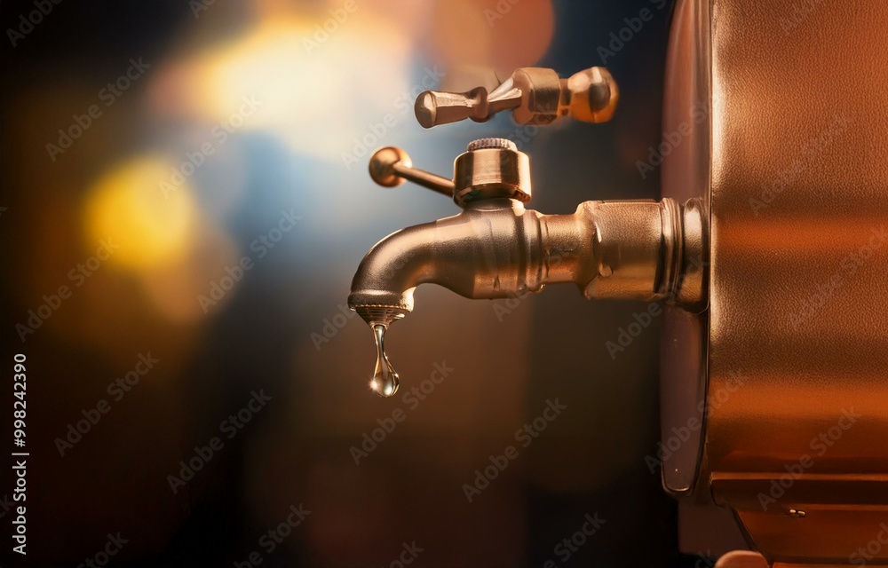 A close-up of a golden faucet with a single drop of water falling from it against a blurry background. A close-up of a golden faucet with a single drop of water falling from it against a blurry background.