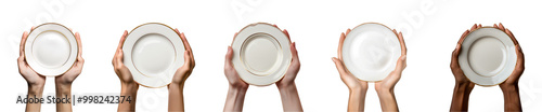 Hand holds empty white plate with gold rims isolated on a transparent or white background, top view, cut out, PNG