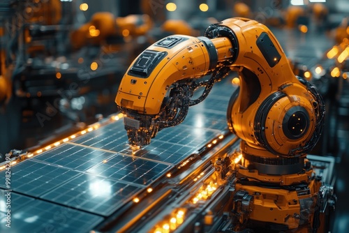 An orange robotic arm assembling a solar panel on a conveyor belt in a factory.