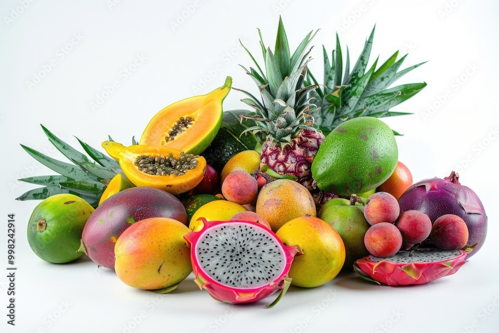 A colorful selection of fruits arranged on a clean white surface A colorful selection of fruits arranged on a clean white surface