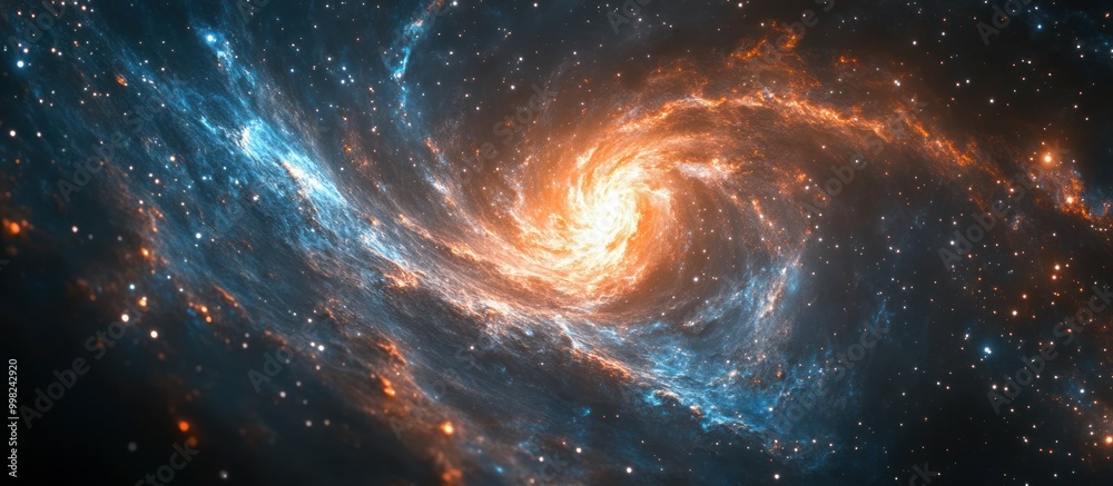 A swirling nebula of gas and dust in space, with a bright core and a vast field of stars. A swirling nebula of gas and dust in space, with a bright core and a vast field of stars.