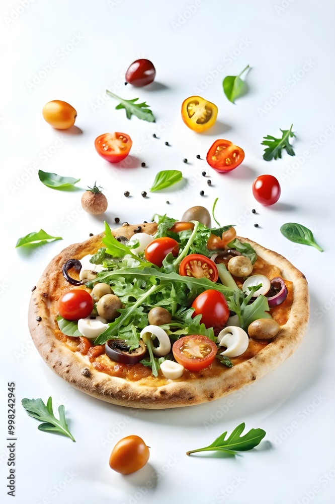 Delicious pizza with flying ingredients on white background
Delicious pizza with flying ingredients on white background