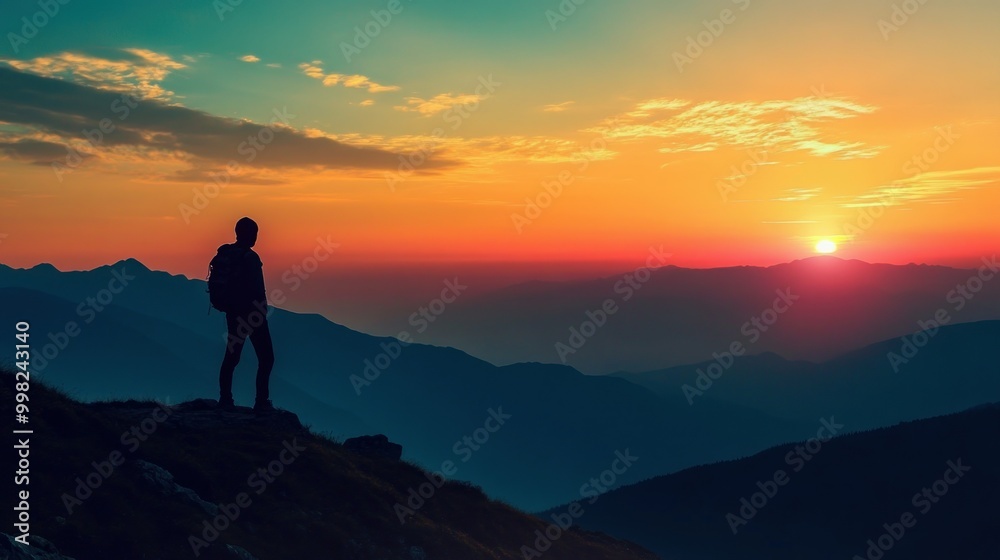 Silhouetted Figure on Mountain Peak at Sunrise Silhouetted Figure on Mountain Peak at Sunrise