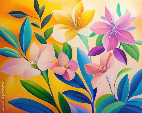 Colorful floral display against a warm golden backdrop in a tropical setting