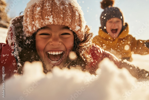Joyful Kids Playing in Snow with Bright Winter Outfit
