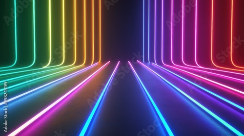 Neon Lights in Dark Space with Colorful Reflections