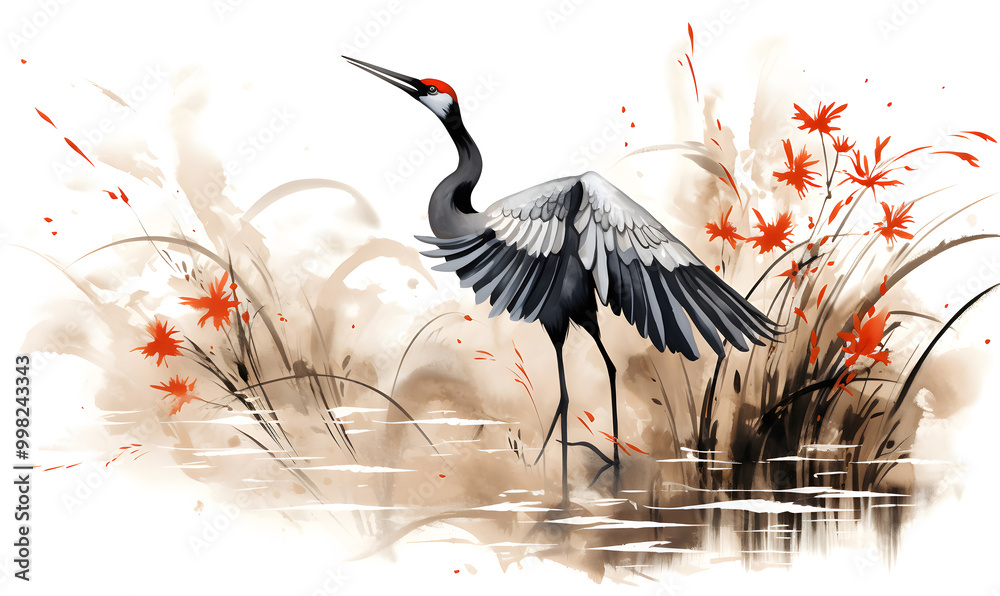 Whooping Common crane hides in the reeds on the shore of the wetland ...