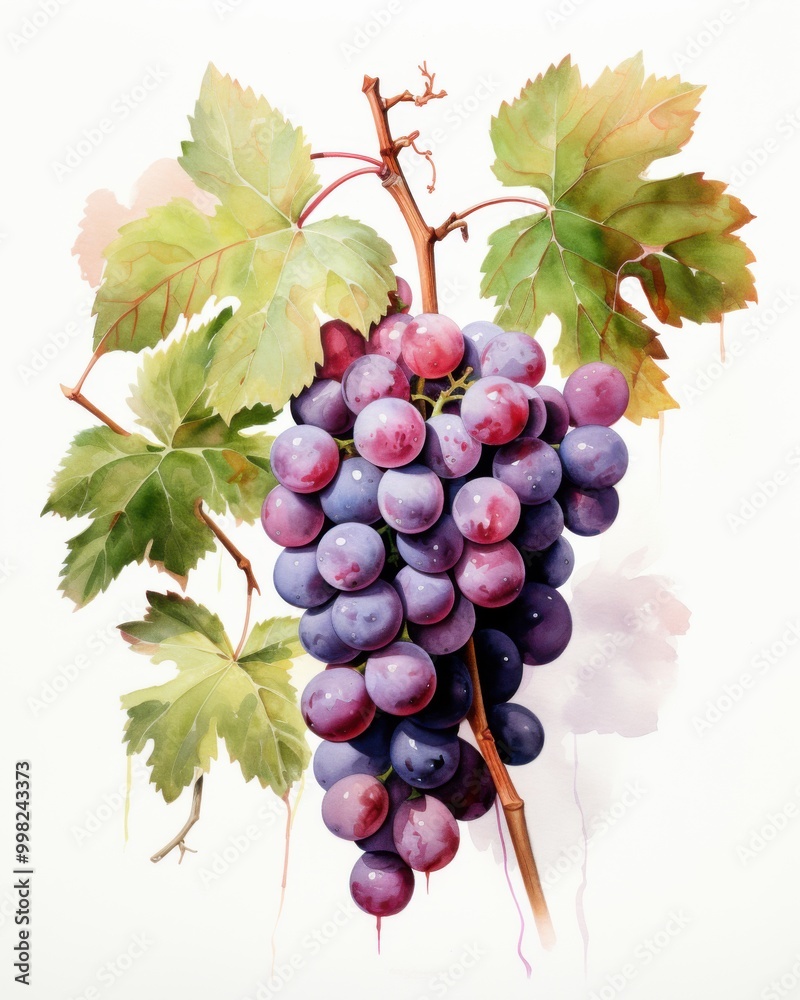 Fototapeta premium Red grape on a branch in watercolor style. Botanical illustration