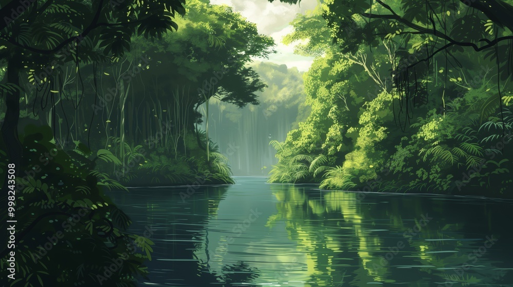 Obraz premium A serene river winds through a lush, green jungle, sunlight filtering through the canopy.
