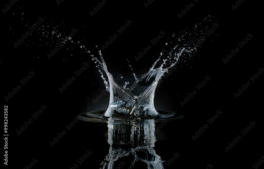 A single water drop creates a crown-shaped splash on a black background. A single water drop creates a crown-shaped splash on a black background.