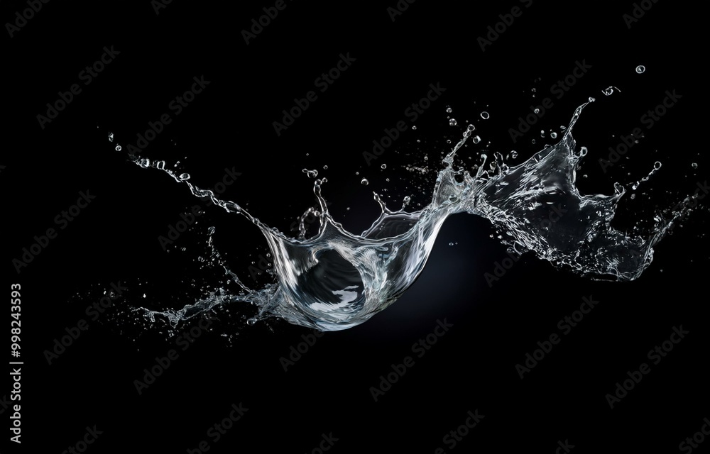Water droplets splash and splatter against a black background, forming a dramatic and abstract design.