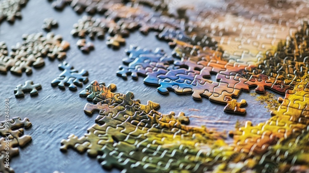 A jigsaw puzzle in progress with only a few pieces missing, the image slowly revealing a beautiful landscape, symbolizing focus, patience, and attention to detail. A jigsaw puzzle in progress with only a few pieces missing, the image slowly revealing a beautiful landscape, symbolizing focus, patience, and attention to detail.