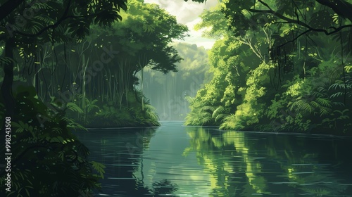 A serene river winds through a lush, green jungle, sunlight filtering through the canopy.