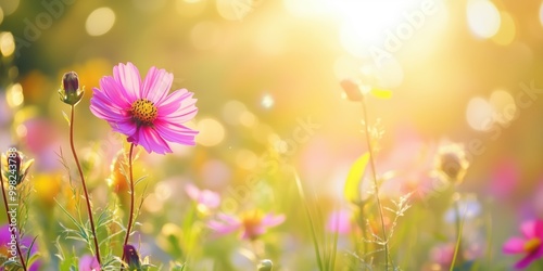 Single flower in a meadow illuminated by golden sunlight