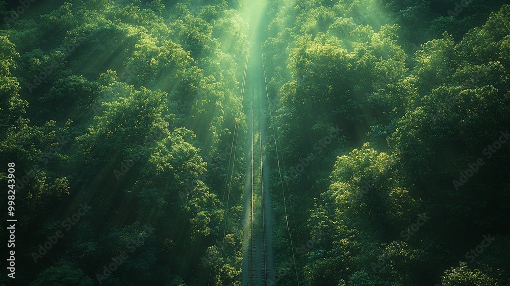 Sunbeams illuminating a path through a dense forest, a view from above.