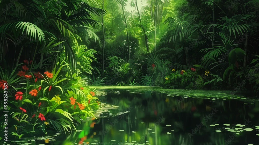 Fototapeta premium Lush green tropical jungle with a calm, still pond in the foreground.