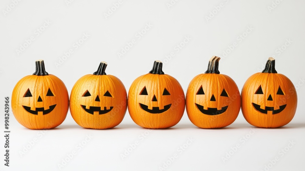 Five pumpkins for Halloween lined up on a white background Five pumpkins for Halloween lined up on a white background