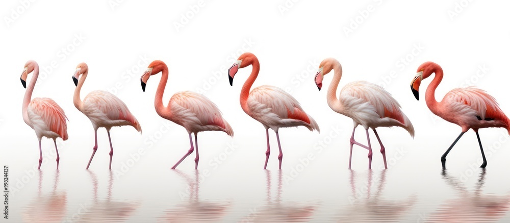 Obraz premium Six Pink Flamingos in a Row Standing in Water