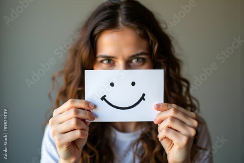 A girl holds up a smiley face on white paper.