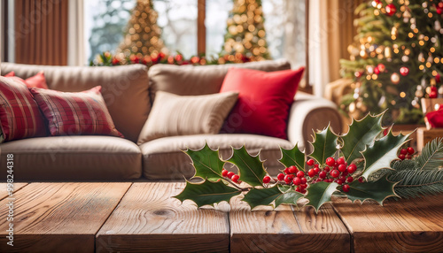 Holly leaves and berries arranged on an old oak table; background is a sitting room