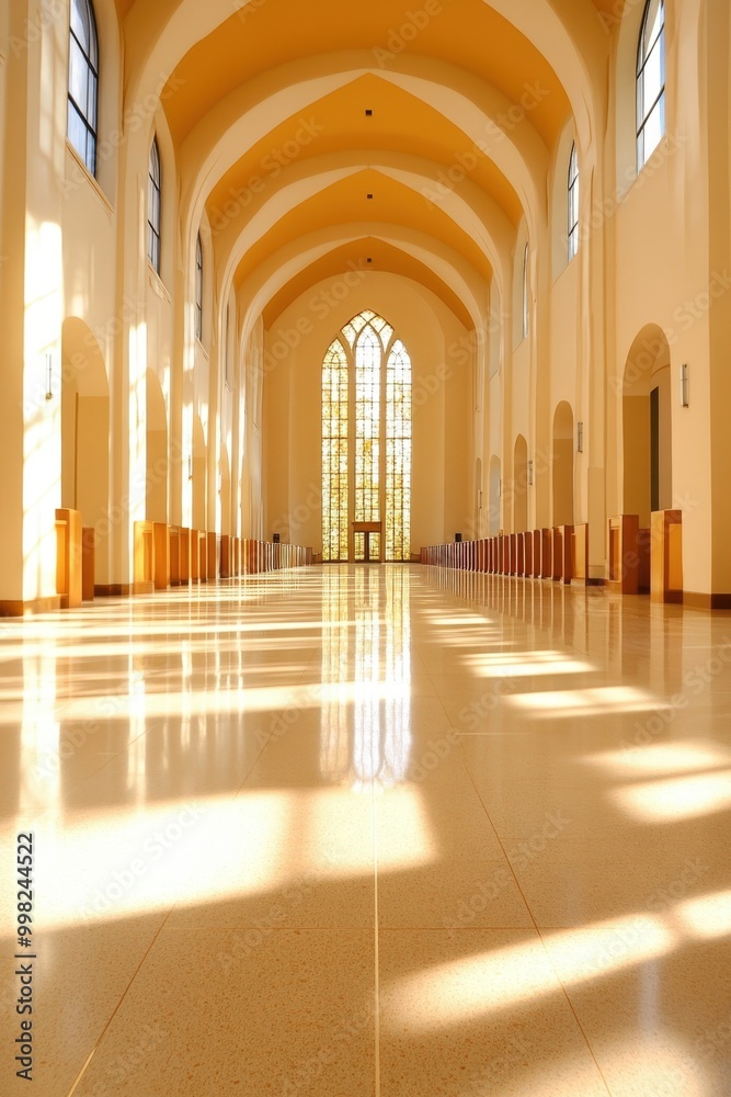 Obraz premium Sunlit corridor showcasing stunning architecture in a serene church during daylight hours