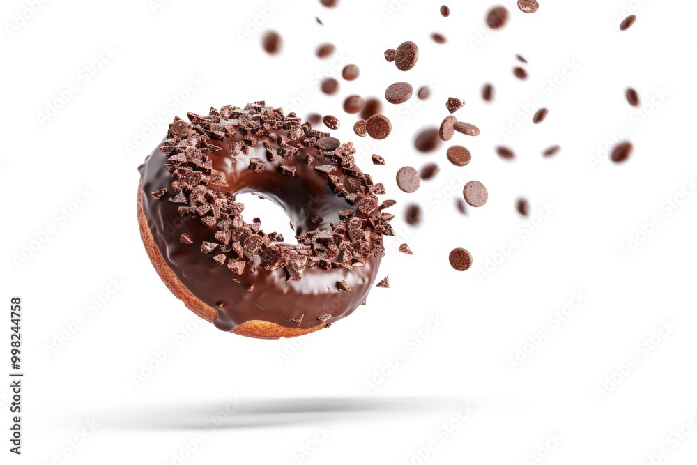 A delicious-looking chocolate donut covered in colorful sprinkles and topped with extra chocolate chips, perfect for a sweet treat or dessert display A delicious-looking chocolate donut covered in colorful sprinkles and topped with extra chocolate chips, perfect for a sweet treat or dessert display