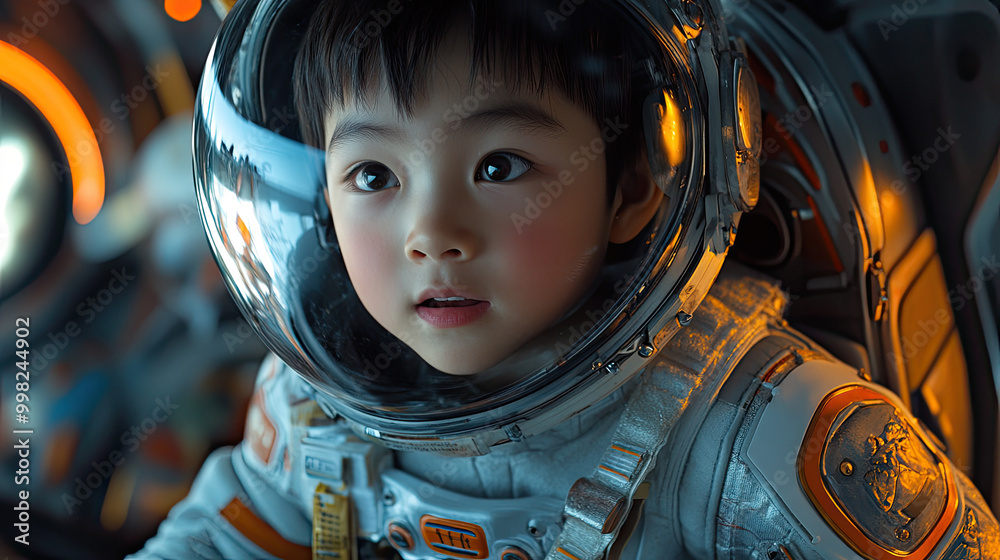 Portrait of an Asian boy in a spacesuit inside a spaceship, looking at the camera in wonder. Portrait of an Asian boy in a spacesuit inside a spaceship, looking at the camera in wonder.