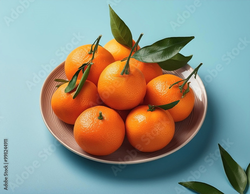 A plate of fresh mandarin oranges on a pastel blue background