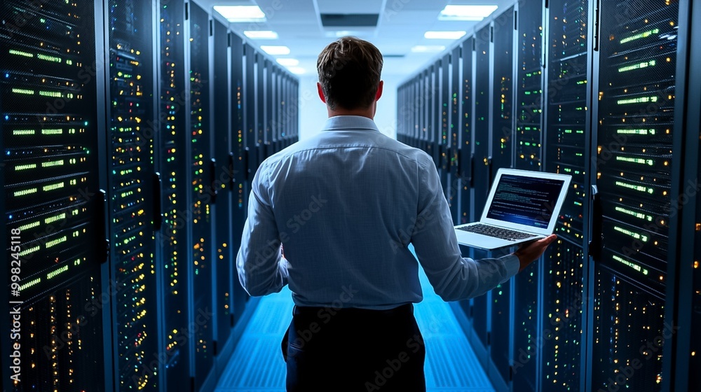 Fototapeta premium Technology professional working on a laptop while surrounded by rows of servers and network devices in a modern data center Concept of digital infrastructure data management