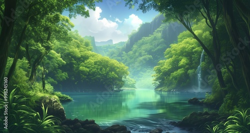 Lush green jungle with a river and waterfall, serene and peaceful.