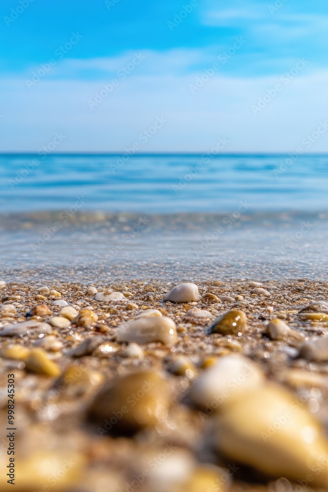 The serene beauty of pebbles on a tranquil beach under a bright blue sky