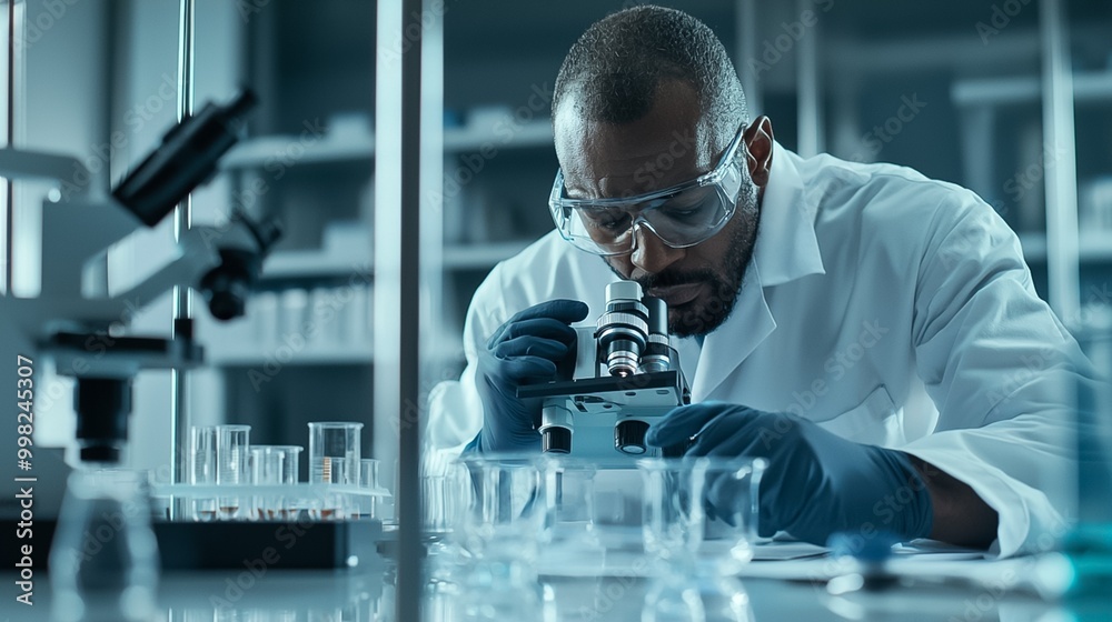 Focused professional scientist in white lab coat examining or analyzing a scientific sample under a high powered microscope in a well equipped modern laboratory setting Focused professional scientist in white lab coat examining or analyzing a scientific sample under a high powered microscope in a well equipped modern laboratory setting