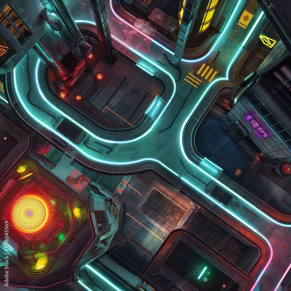Neon-Lit Cyberpunk Battle Map for DnD, Top-Down View RPG Map for Futuristic Urban Adventures, Sci-Fi City Background for Virtual Tabletop Play, High-Tech Digital Asset for Role-Playing Game Campaigns Neon-Lit Cyberpunk Battle Map for DnD, Top-Down View RPG Map for Futuristic Urban Adventures, Sci-Fi City Background for Virtual Tabletop Play, High-Tech Digital Asset for Role-Playing Game Campaigns