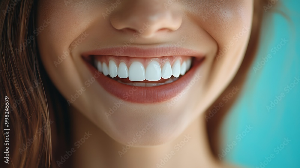 Obraz premium Close-up of a woman smiling, showcasing bright teeth.