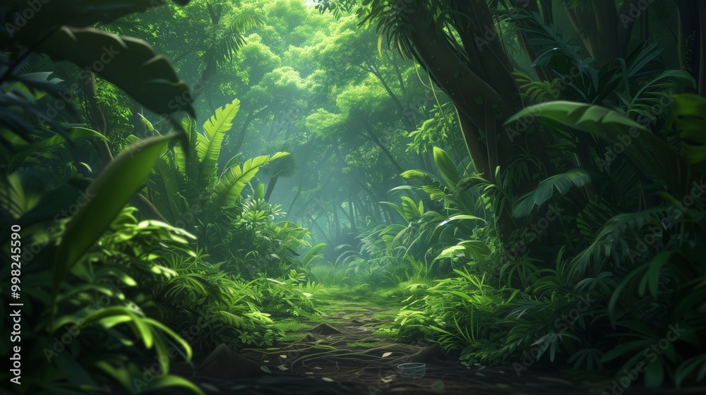 A sunlit path winds through a dense, green jungle, dappled with sunlight filtering through the canopy. A sunlit path winds through a dense, green jungle, dappled with sunlight filtering through the canopy.