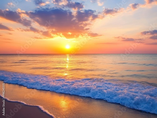 Sunset over tranquil ocean waves at the beach with golden hues reflecting on the water