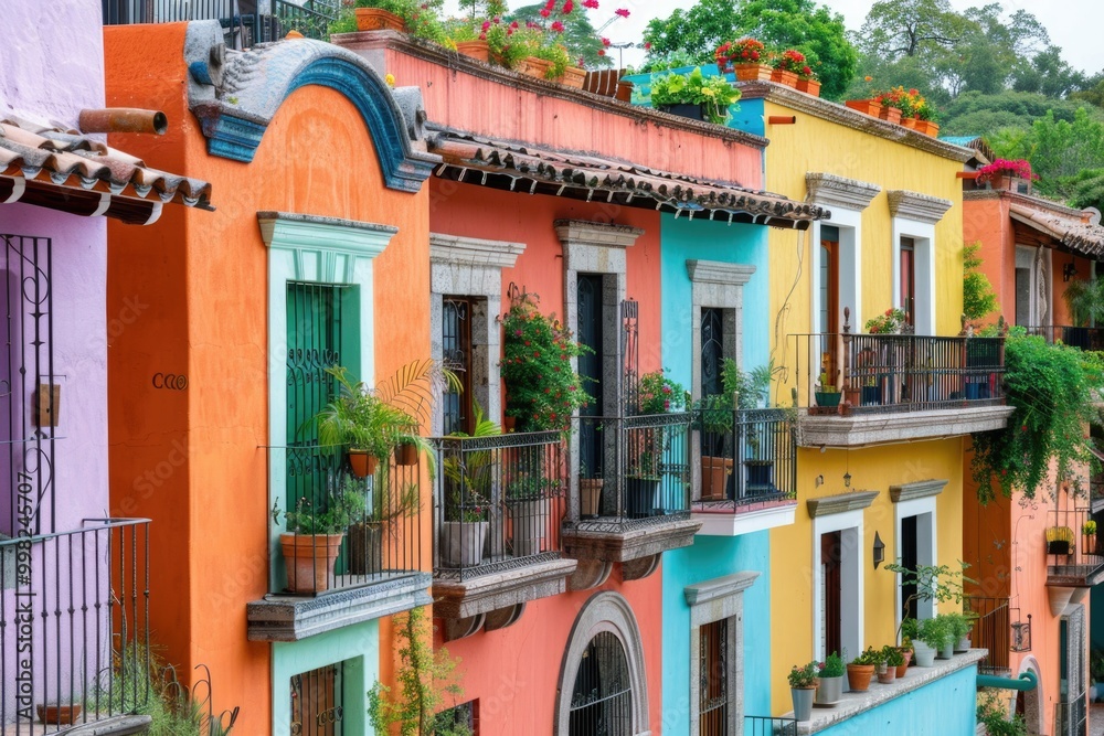 Naklejka premium A row of colorful buildings with potted plants on the balconies
