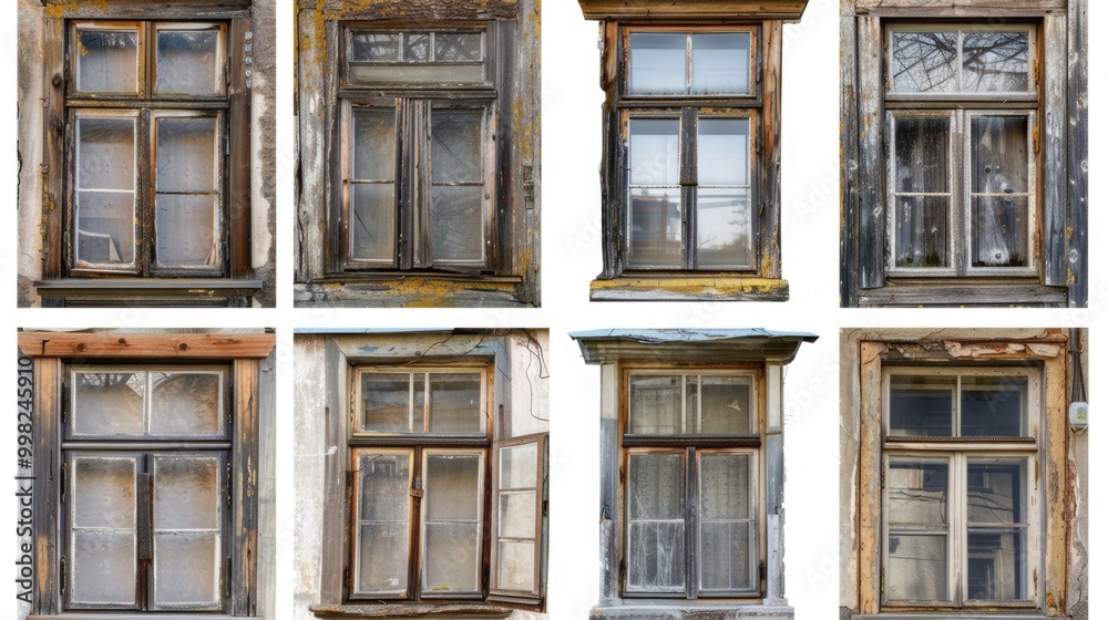 Pictures of old wooden and metal window frames with intricate designs and weathered surfaces Pictures of old wooden and metal window frames with intricate designs and weathered surfaces