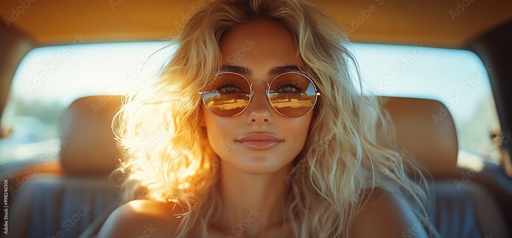 Woman in car with sunglasses, sun shining through hair. Woman in car with sunglasses, sun shining through hair.