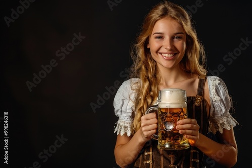 A young woman holds a mug of beer in her hand, relaxing and enjoying the moment