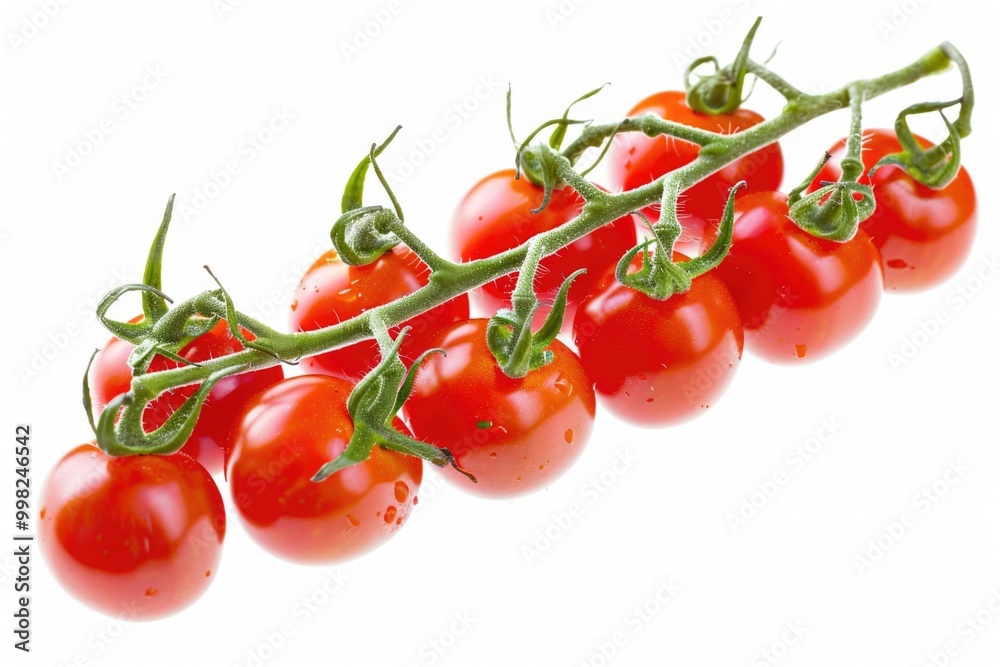 Fresh tomatoes grown on a vine branch, ideal for food or decoration use Fresh tomatoes grown on a vine branch, ideal for food or decoration use