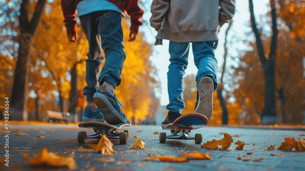 Two people ride skateboards on a urban street, casual scene Two people ride skateboards on a urban street, casual scene